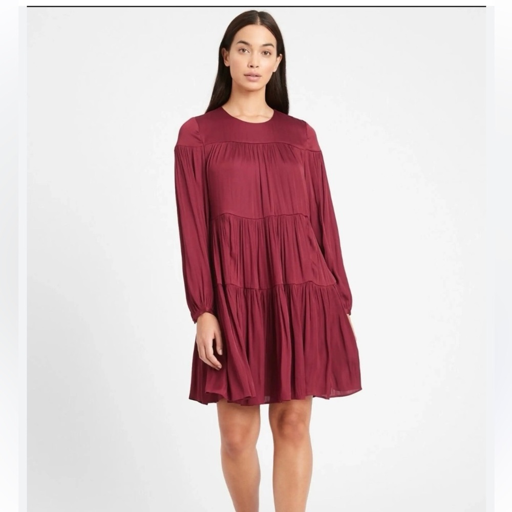 Banana Republic Burgundy Tiered Long-Sleeve Mini Dress